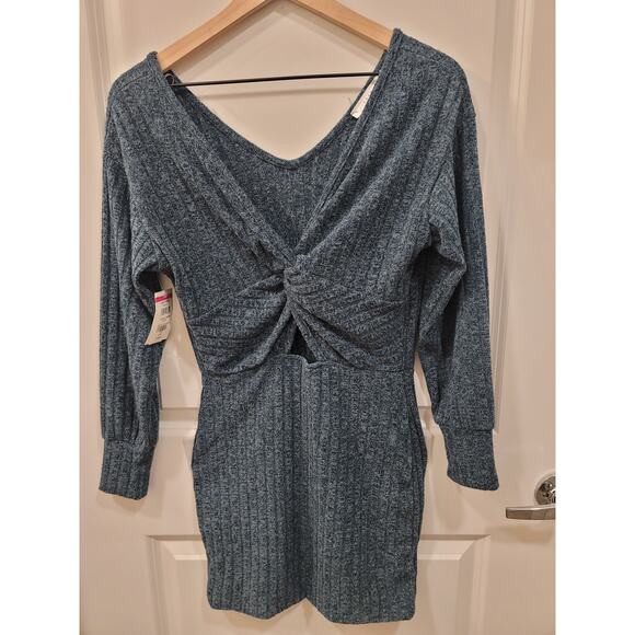 Lush Green Ribbed Bodycon Sweater Dress with Front Cutout - Picture 4 of 6